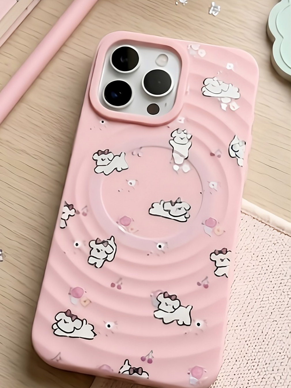 Ốp Lưng Iphone Bộ 2 màu Màu Kem+ Pastel Họa Tiết  - Có Vòng Sạc Từ Tính Tiện Lợi