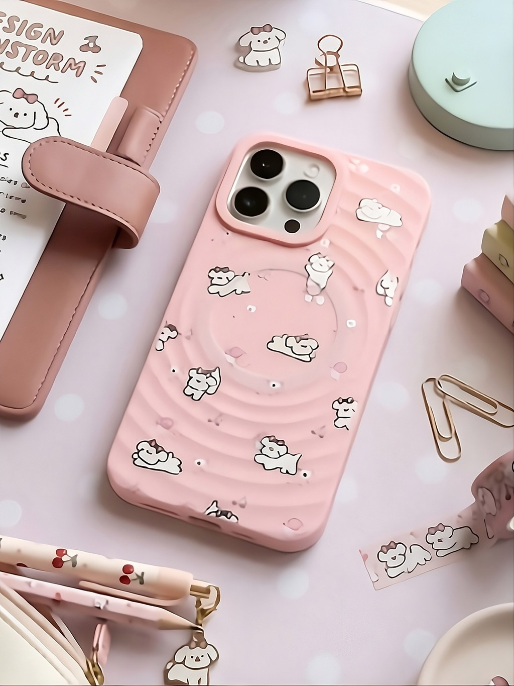 Ốp Lưng Iphone Bộ 2 màu Màu Kem+ Pastel Họa Tiết  - Có Vòng Sạc Từ Tính Tiện Lợi