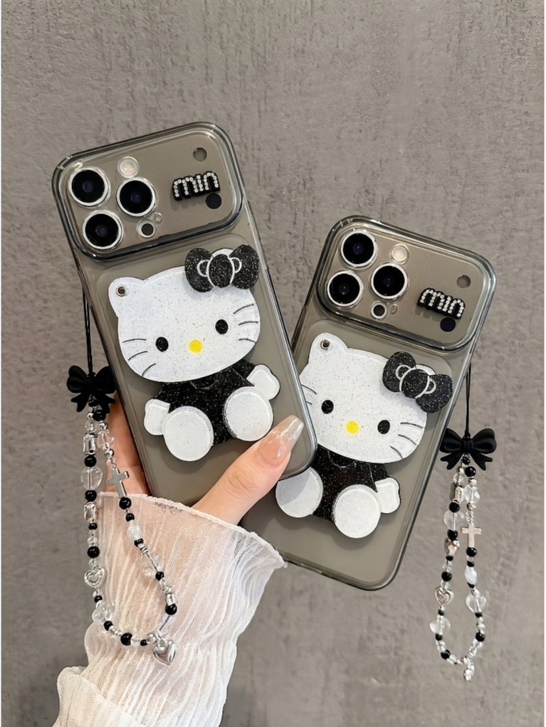 Ốp Lưng Hello Kitty Gương 3D Phủ Nhũ – Phiên Bản Đen Trắng Huyền Bí