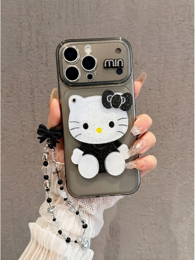 Ốp Lưng Hello Kitty Gương 3D Phủ Nhũ – Phiên Bản Đen Trắng Huyền Bí