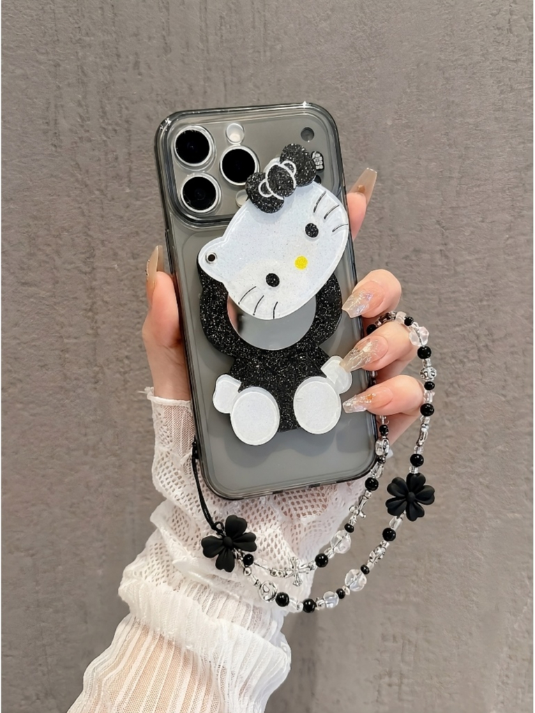 Ốp Lưng Hello Kitty Gương 3D Phủ Nhũ – Phiên Bản Đen Trắng Huyền Bí
