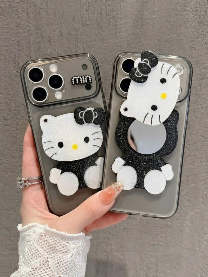 Ốp Lưng Hello Kitty Gương 3D Phủ Nhũ – Phiên Bản Đen Trắng Huyền Bí