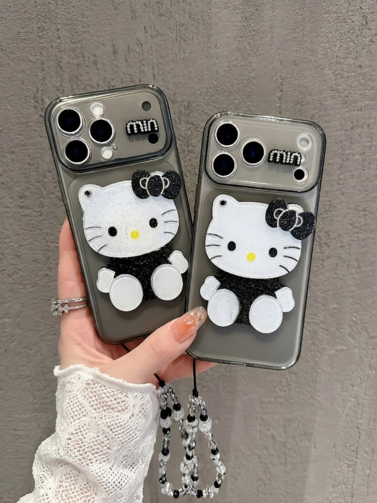 Ốp Lưng Hello Kitty Gương 3D Phủ Nhũ – Phiên Bản Đen Trắng Huyền Bí