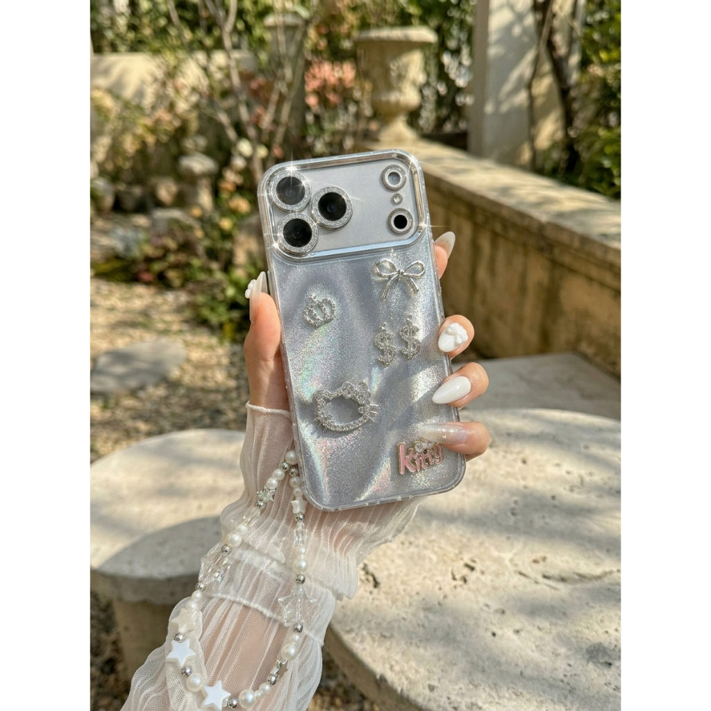 Ốp Lưng iPhone Hồng Ánh Kem và Nơ Bạc Kẹo