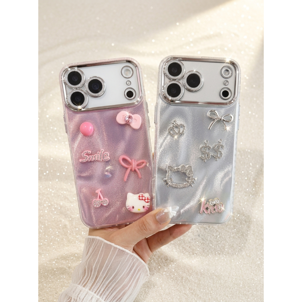 Ốp Lưng iPhone Hồng Ánh Kem và Nơ Bạc Kẹo
