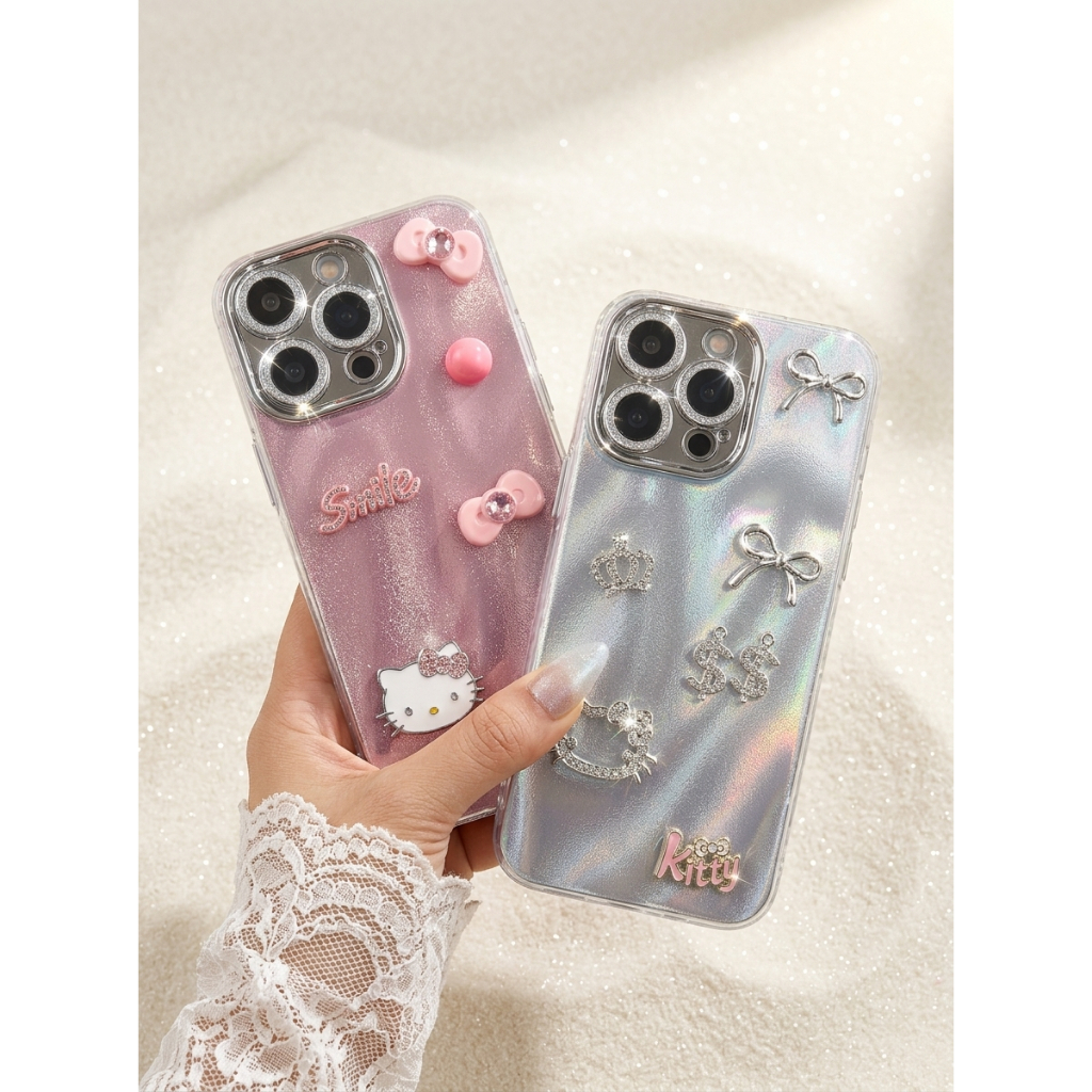 Ốp Lưng iPhone Hồng Ánh Kem và Nơ Bạc Kẹo