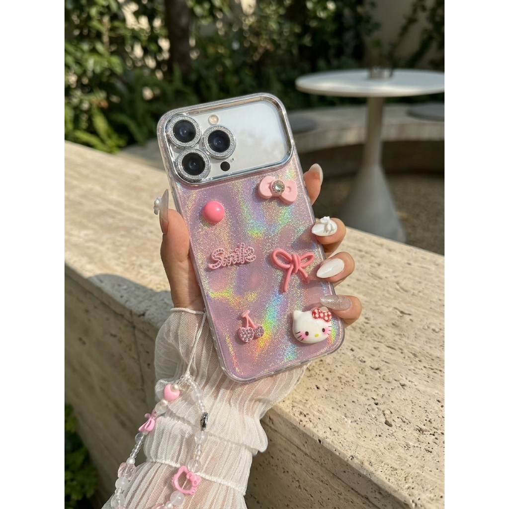Ốp Lưng iPhone Hồng Ánh Kem và Nơ Bạc Kẹo