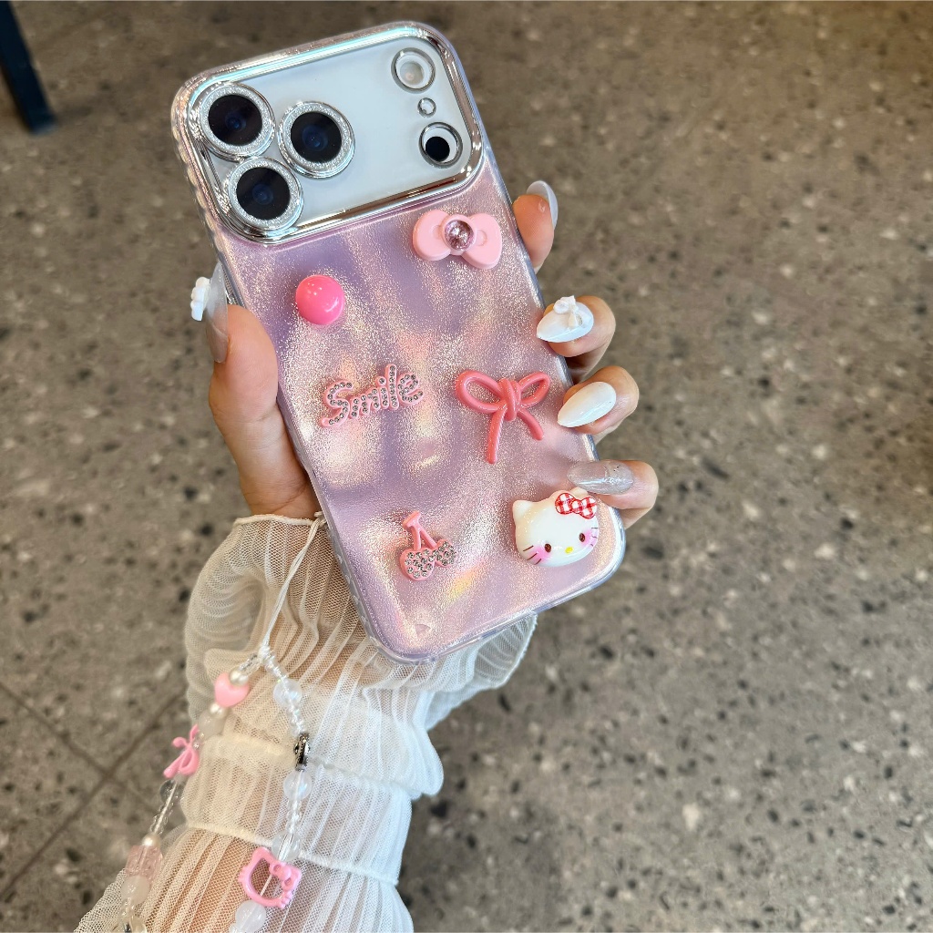 Ốp Lưng iPhone Hồng Ánh Kem và Nơ Bạc Kẹo