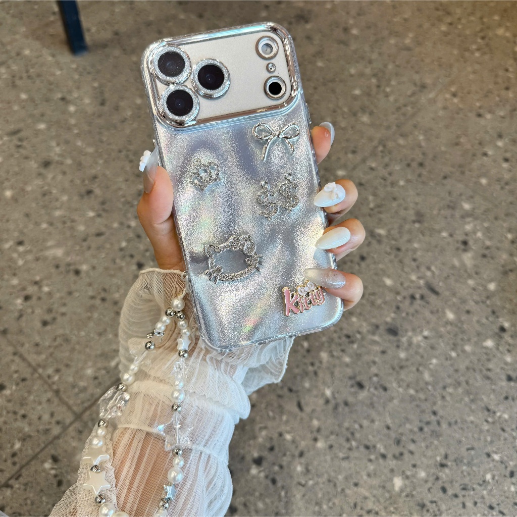 Ốp Lưng iPhone Hồng Ánh Kem và Nơ Bạc Kẹo