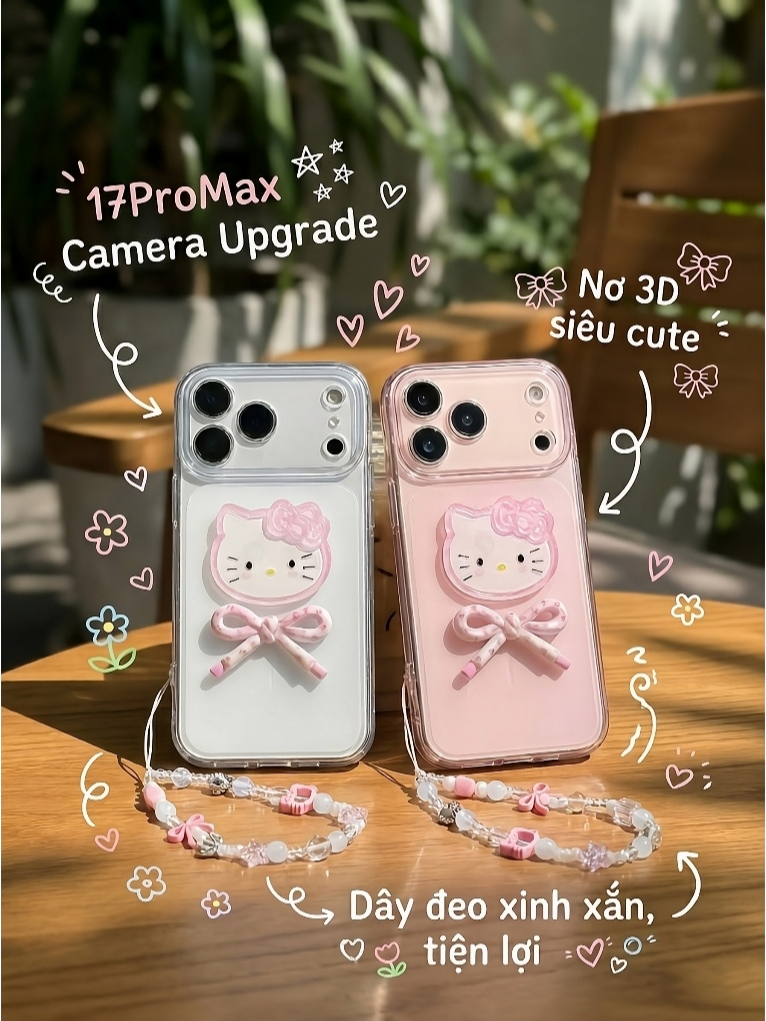 Ốp Lưng Iphone Hello Kitty Kẹo Ngọt Nơ 3D – Viền Camera Chống Sốc