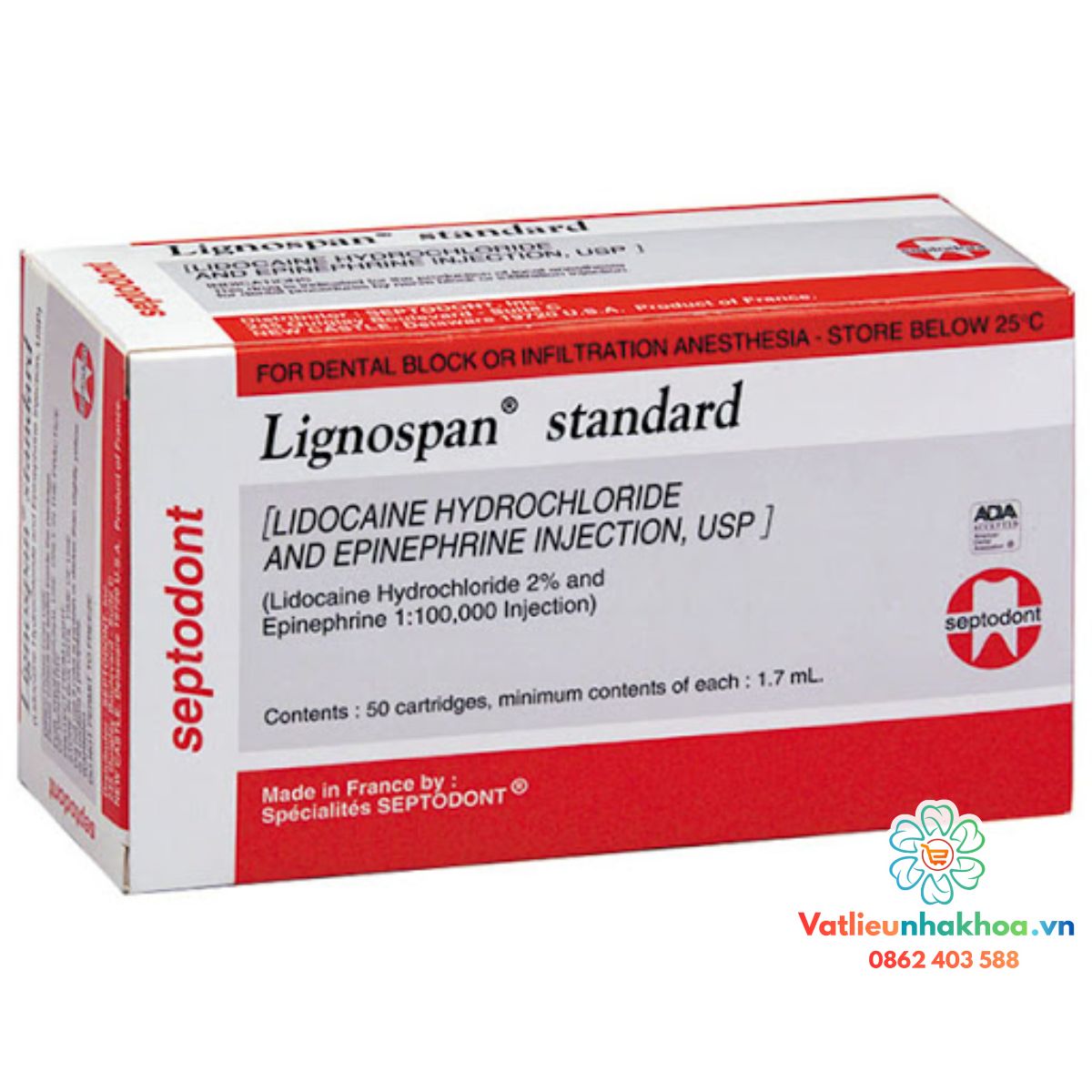 Tê Pháp đỏ - Tê Lignospan Standard 2% - Septodont (Hộp 50 ống)