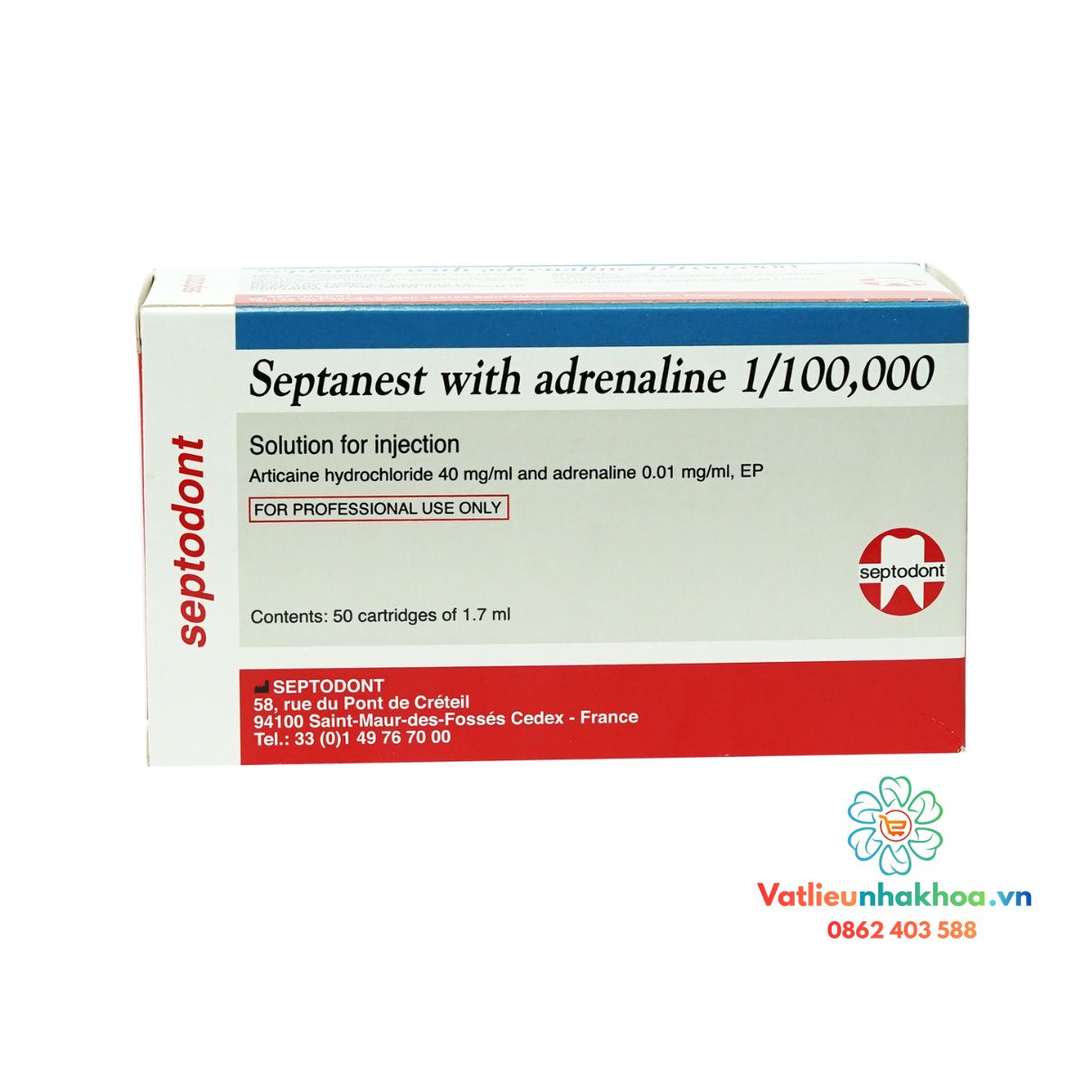 Tê Pháp xanh dương SEPTANEST 4% (Hộp/ 50 ống)