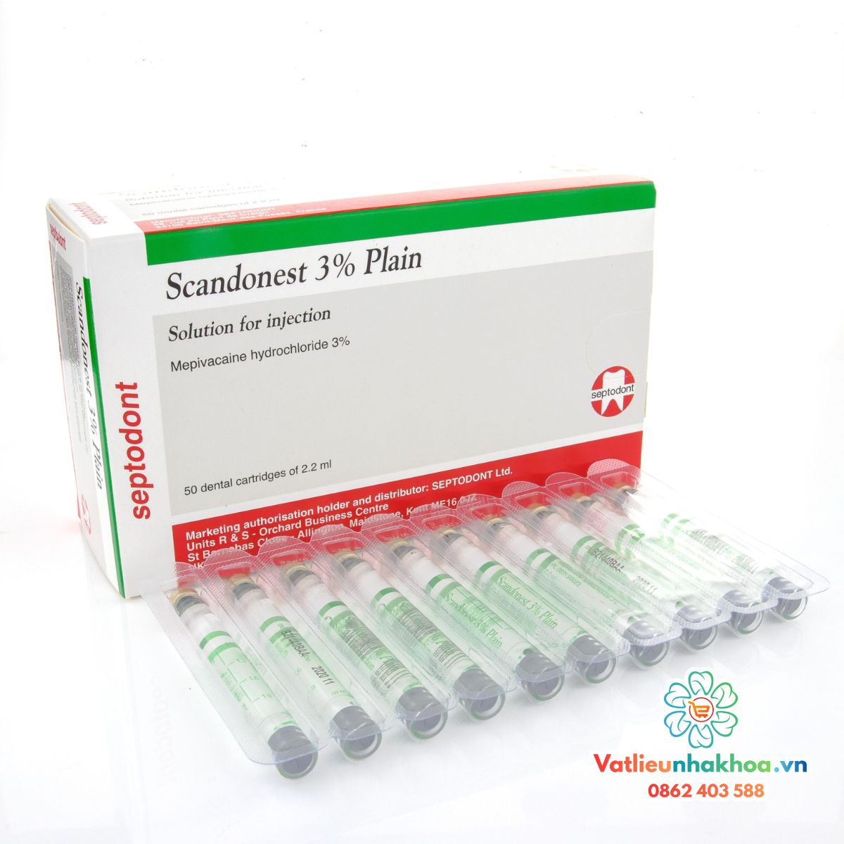 Tê Pháp xanh lá Septodont Scandonest 3% ( Hộp/50 ống)