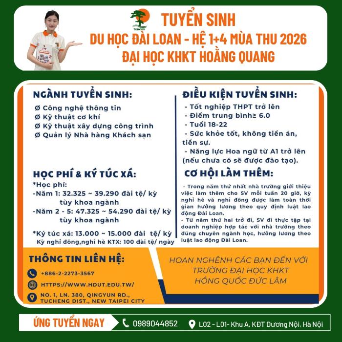 STUDY IN TAIWAN 2026: 1+4 PROGRAM – AFFORDABLE COST AT HUNGKUANG ( HOẰNG QUANG) UNIVERSITY, FROM TWD 32000 ONLY