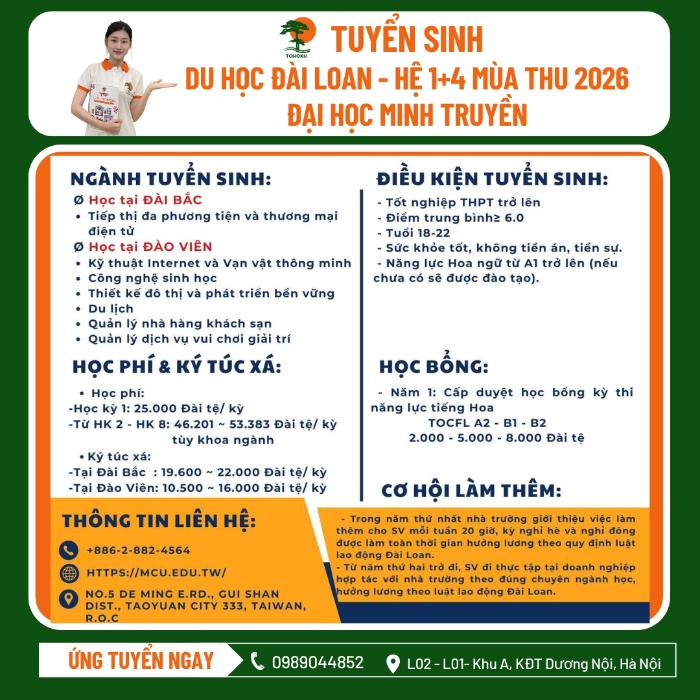 TAIWAN STUDY ABROAD PROGRAM (1+4 SYSTEM) – FALL 2026 INTAKE | MING CHUAN UNIVERSITY (MINH TRUYỀN)