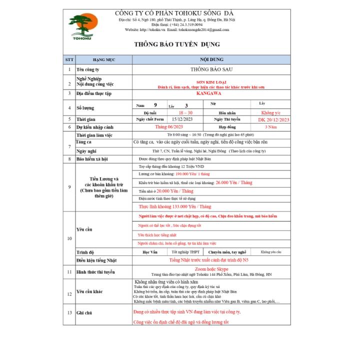 TUYỂN NAM THỰC TẬP SINH THÁNG 11 - 12 NĂM 2023