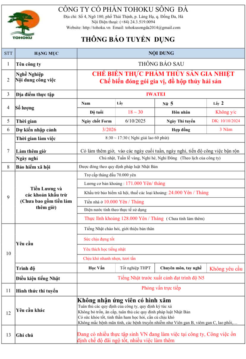 [ THI TUYỂN 10.10.2025] ĐƠN HÀNG: CHẾ BIẾN THỰC PHẨM THỦY SẢN GIA NHIỆT (NỮ)- IWATEI