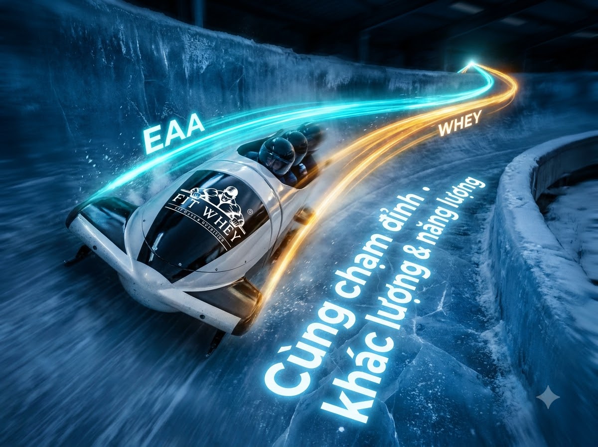 Xe bobsleigh lao qua khúc cua lòng máng băng với hai vệt sáng “EAA” và “WHEY” cùng vươn tới đỉnh, kèm dòng “Cùng chạm đỉnh · khác lượng & năng lượng”
