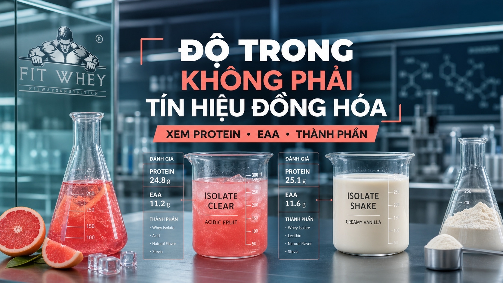 Minh họa so sánh clear whey và whey isolate theo protein, EAA và thành phần