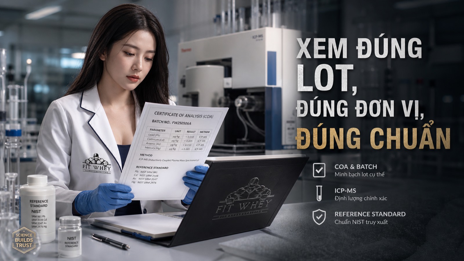 Kỹ thuật viên đọc COA theo lô với kết quả chì, cadmium, arsenic và thủy ngân