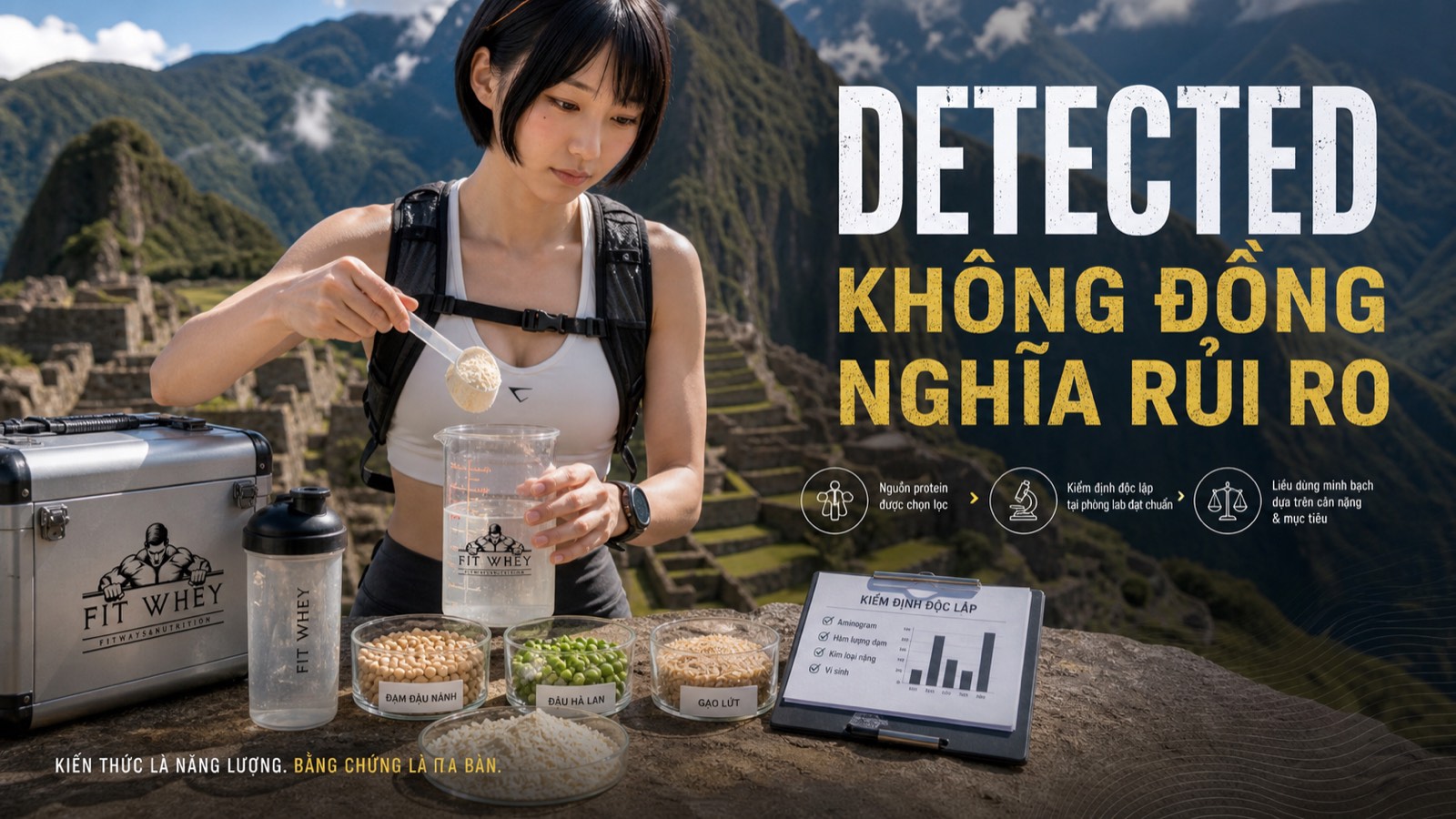 Vận động viên pha protein powder ngoài trời trước chuyến trekking