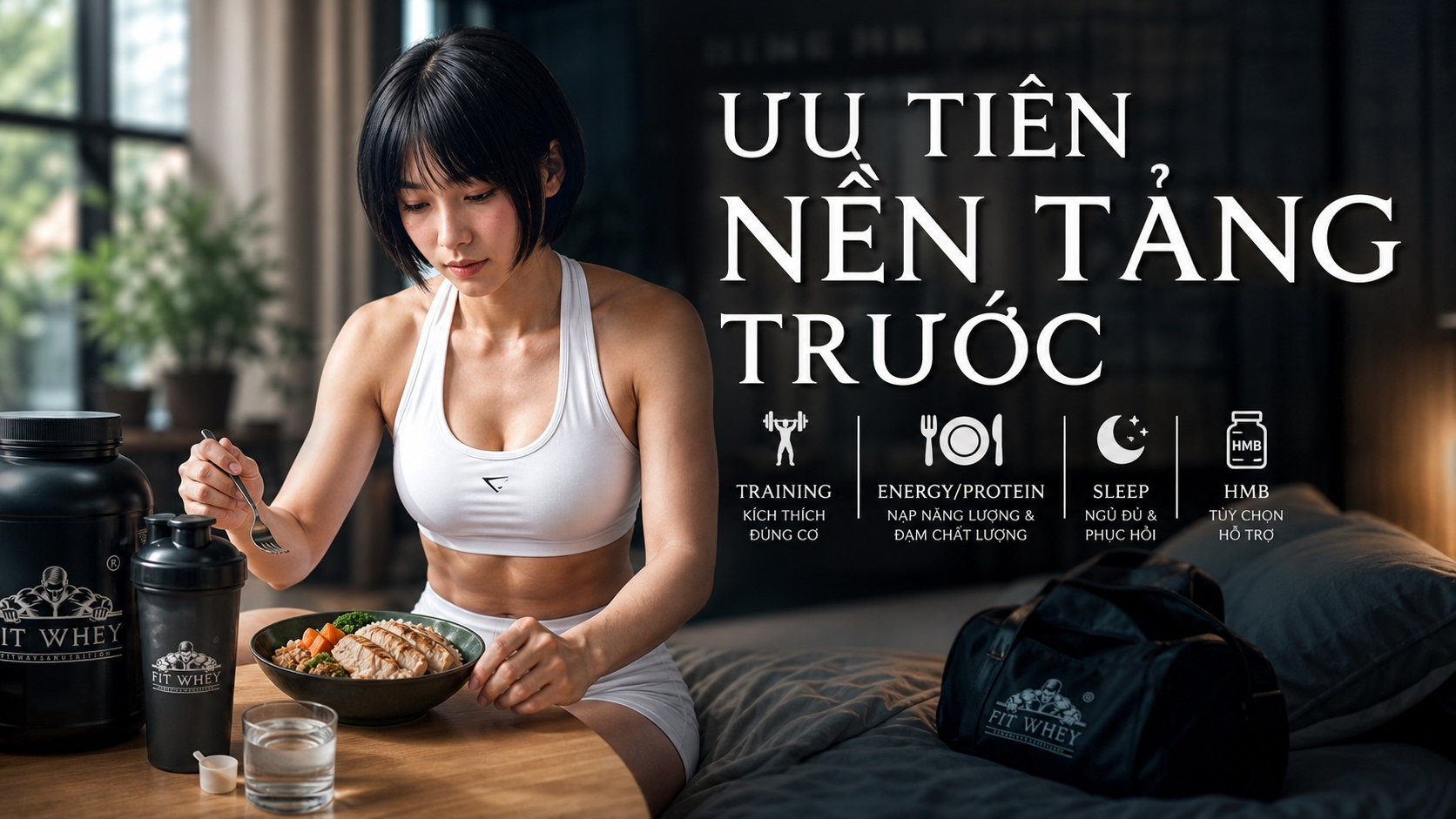 Vận động viên ăn bữa phục hồi bên cạnh bình lắc và hộp bổ sung