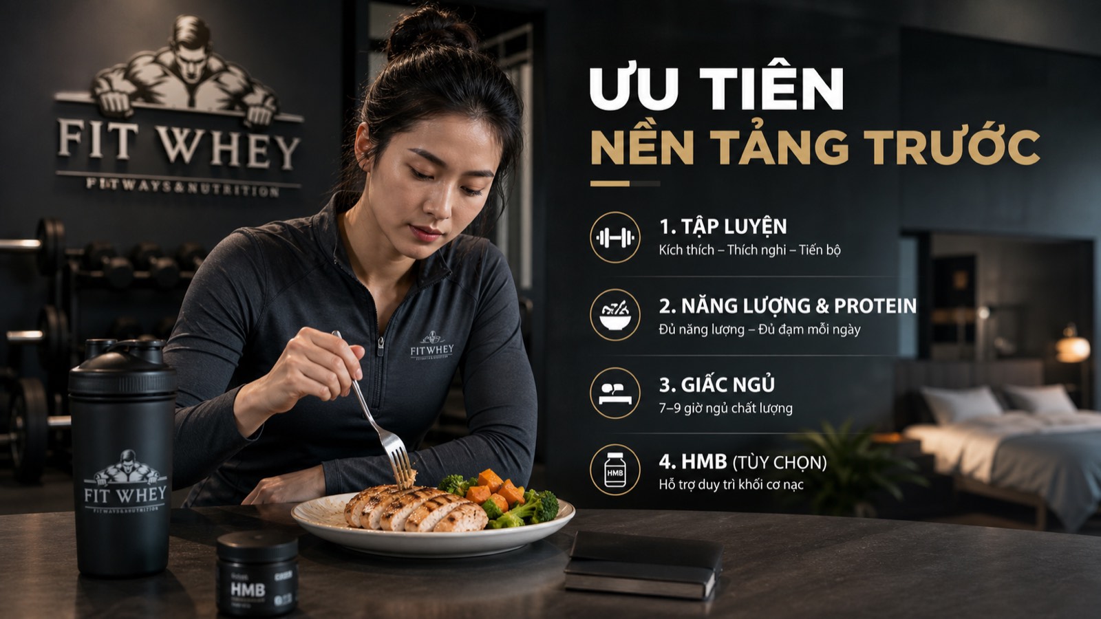 Người tập dùng bữa phục hồi từ thực phẩm nguyên dạng tại phòng gym