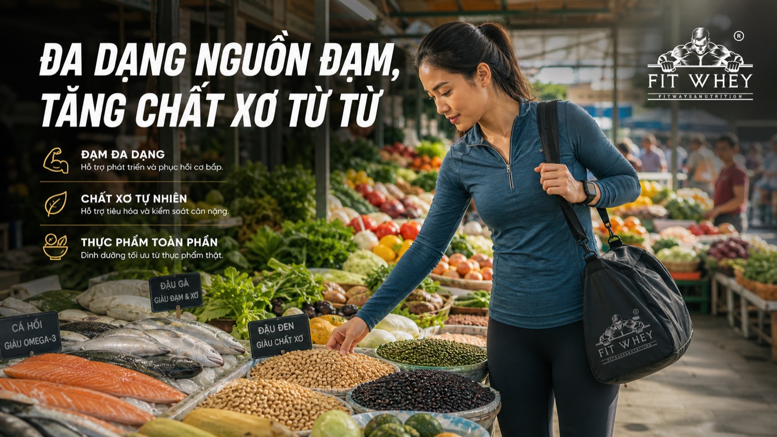 Infographic tăng chất xơ với đạm đa dạng và thực phẩm toàn phần cho hệ vi sinh