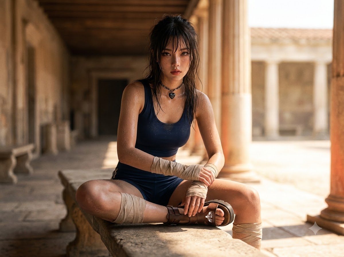 Vận động viên nghỉ trên ghế đá tại palaestra Olympia