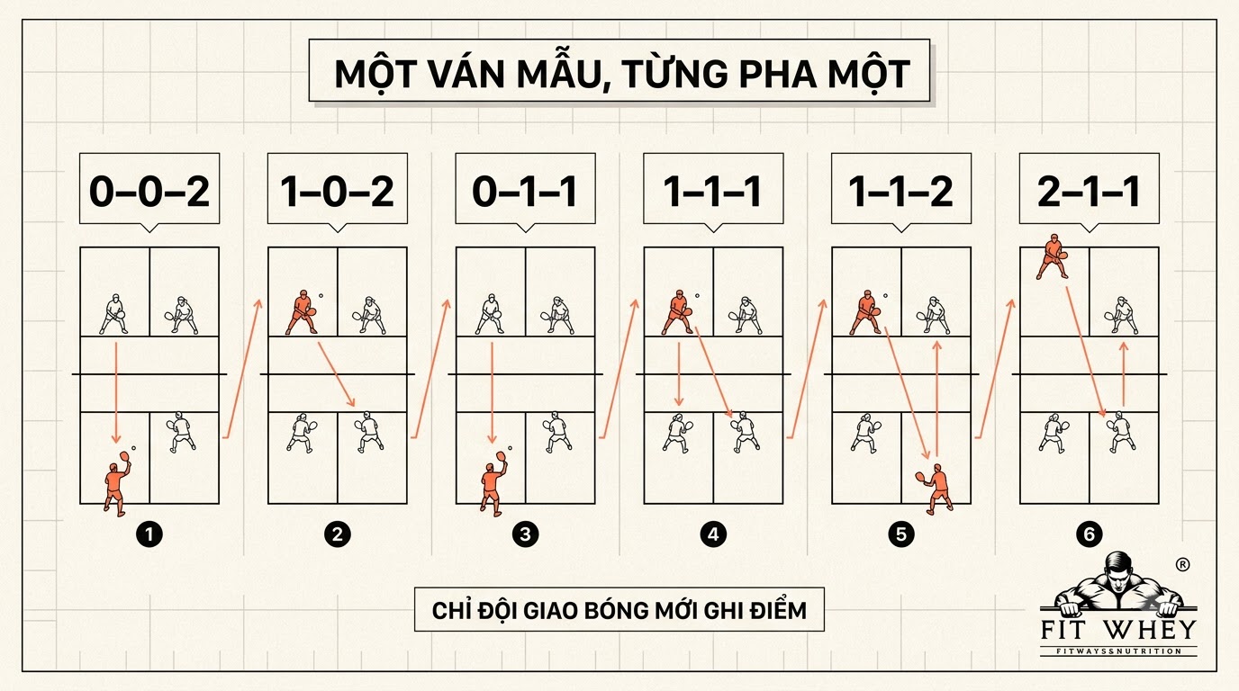 Infographic trình tự một ván Pickleball mẫu