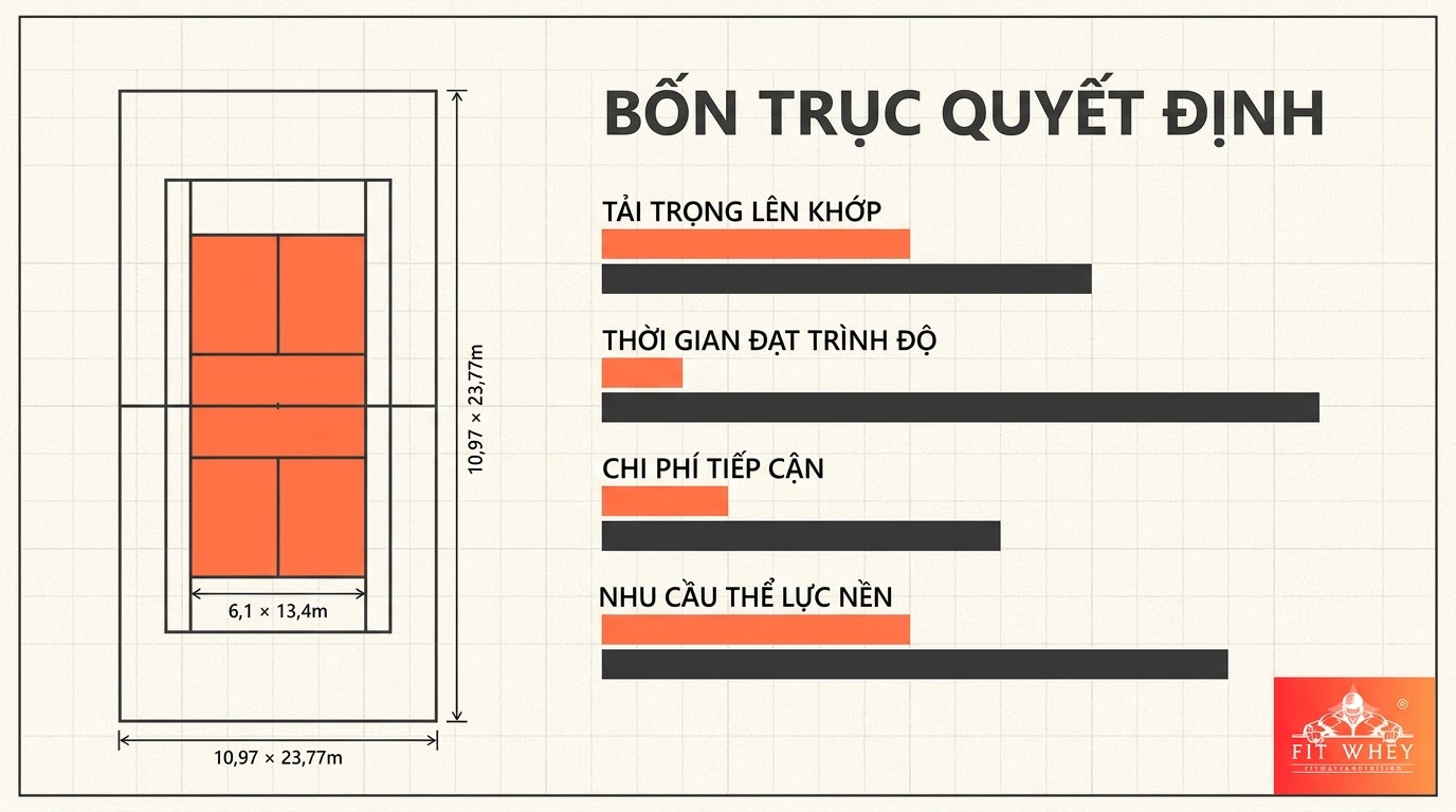 Đồ họa so sánh sân Pickleball và sân Tennis