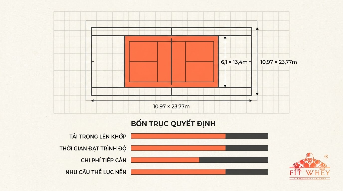 Minh họa đối chiếu không gian thi đấu giữa Pickleball và Tennis