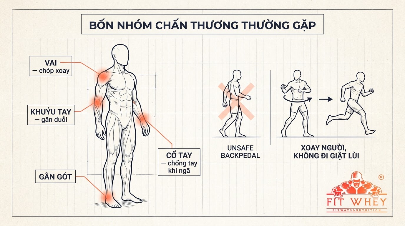Sơ đồ giải phẫu đánh dấu các vùng thường chấn thương khi chơi Pickleball