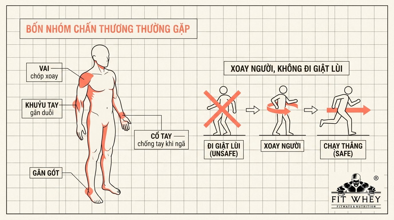 Minh họa cơ thể người và các vị trí dễ đau do vận động môn vợt
