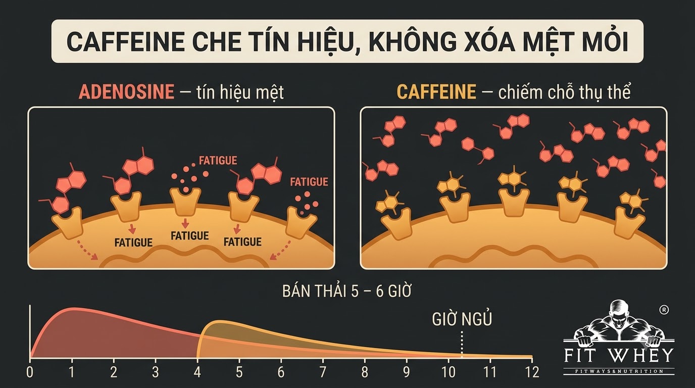 Sơ đồ caffeine cạnh tranh với adenosine tại thụ thể thần kinh