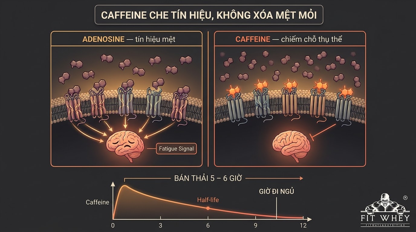 Minh họa khoa học về cơ chế hoạt động của caffeine trước tập