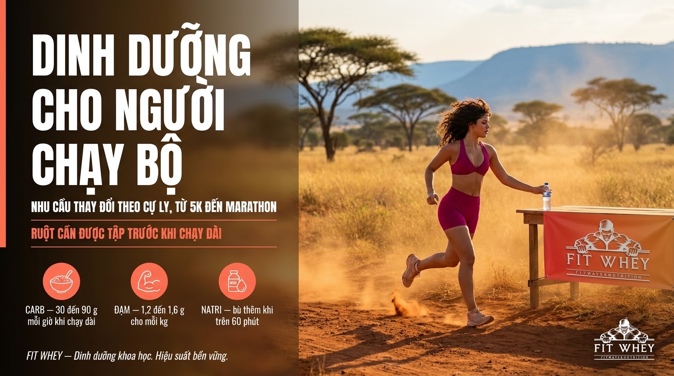 Nữ vận động viên chạy bộ trên đường mòn savannah, minh họa dinh dưỡng theo cự ly