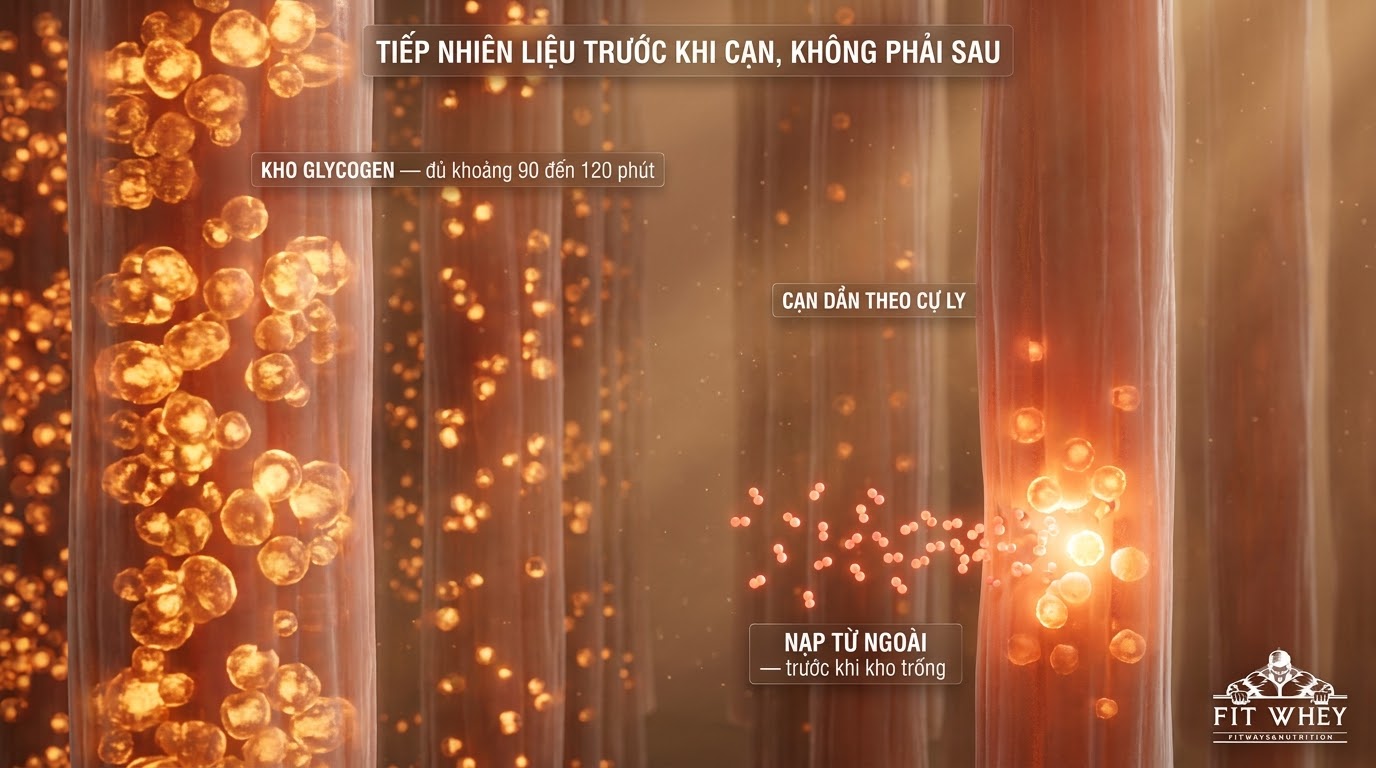 Minh họa glycogen trong cơ giảm dần khi chạy kéo dài
