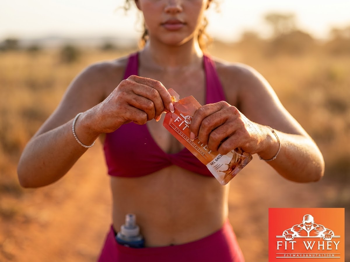 Nữ runner mở gói gel năng lượng trong buổi chạy dài
