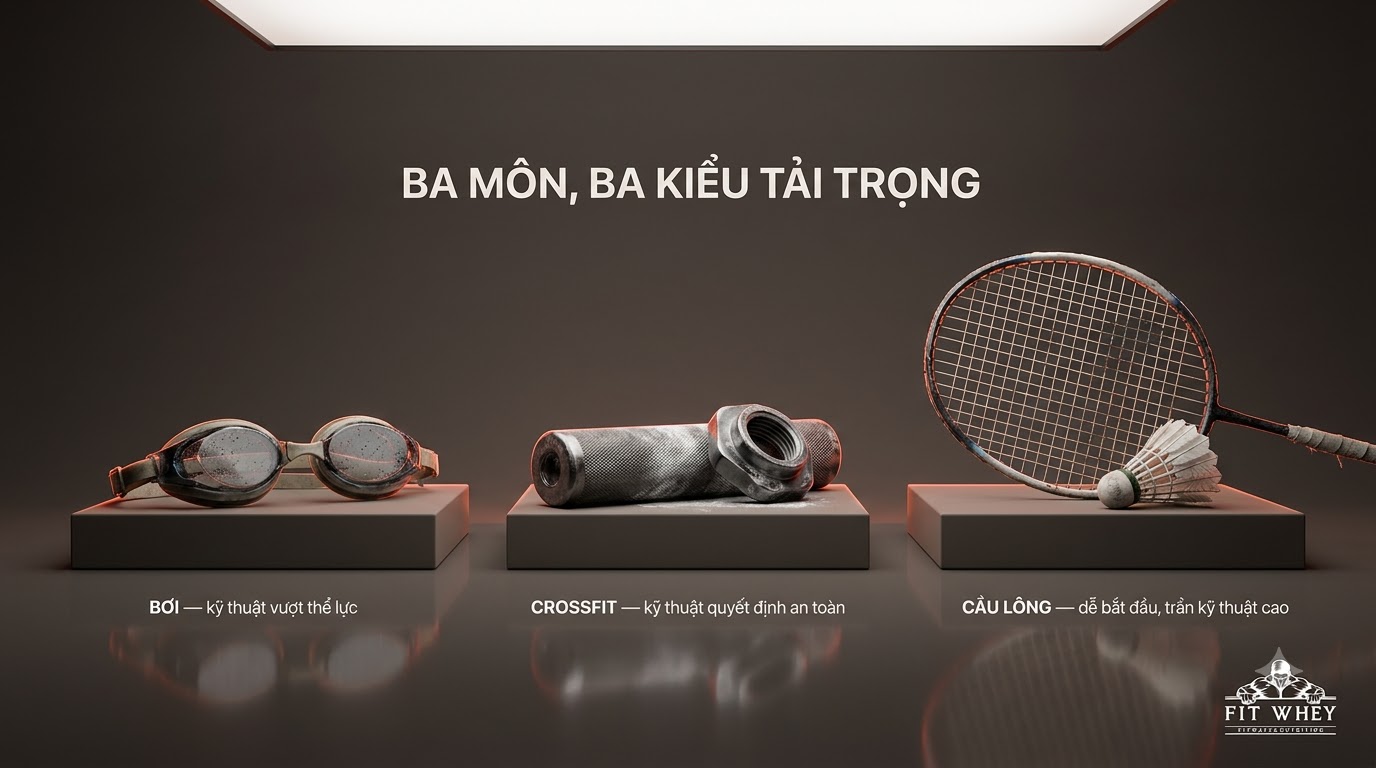 Ba dụng cụ đại diện cho bơi, CrossFit và cầu lông