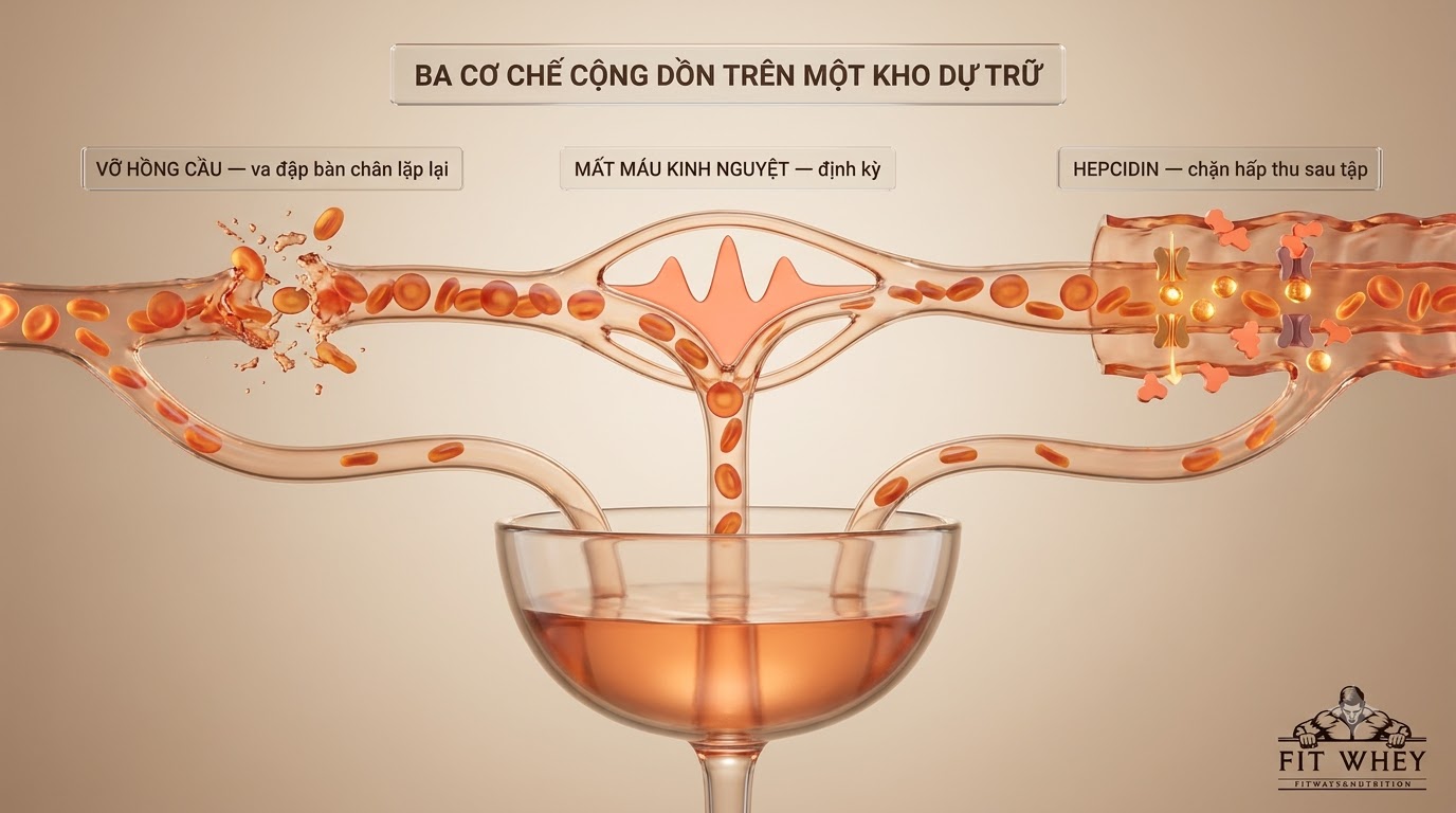 Sơ đồ ba cơ chế có thể làm suy giảm dự trữ sắt ở nữ vận động viên