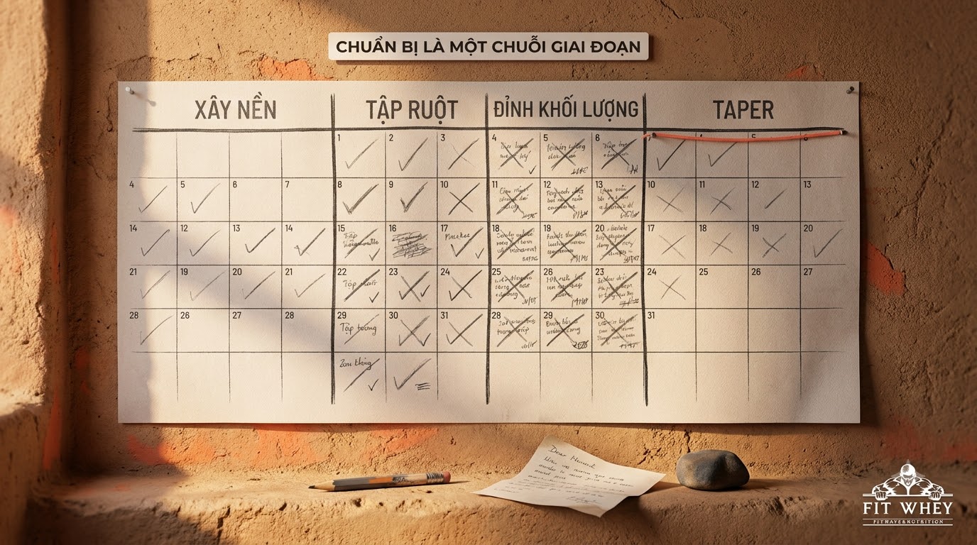 Lịch tập marathon được đánh dấu theo từng giai đoạn chuẩn bị