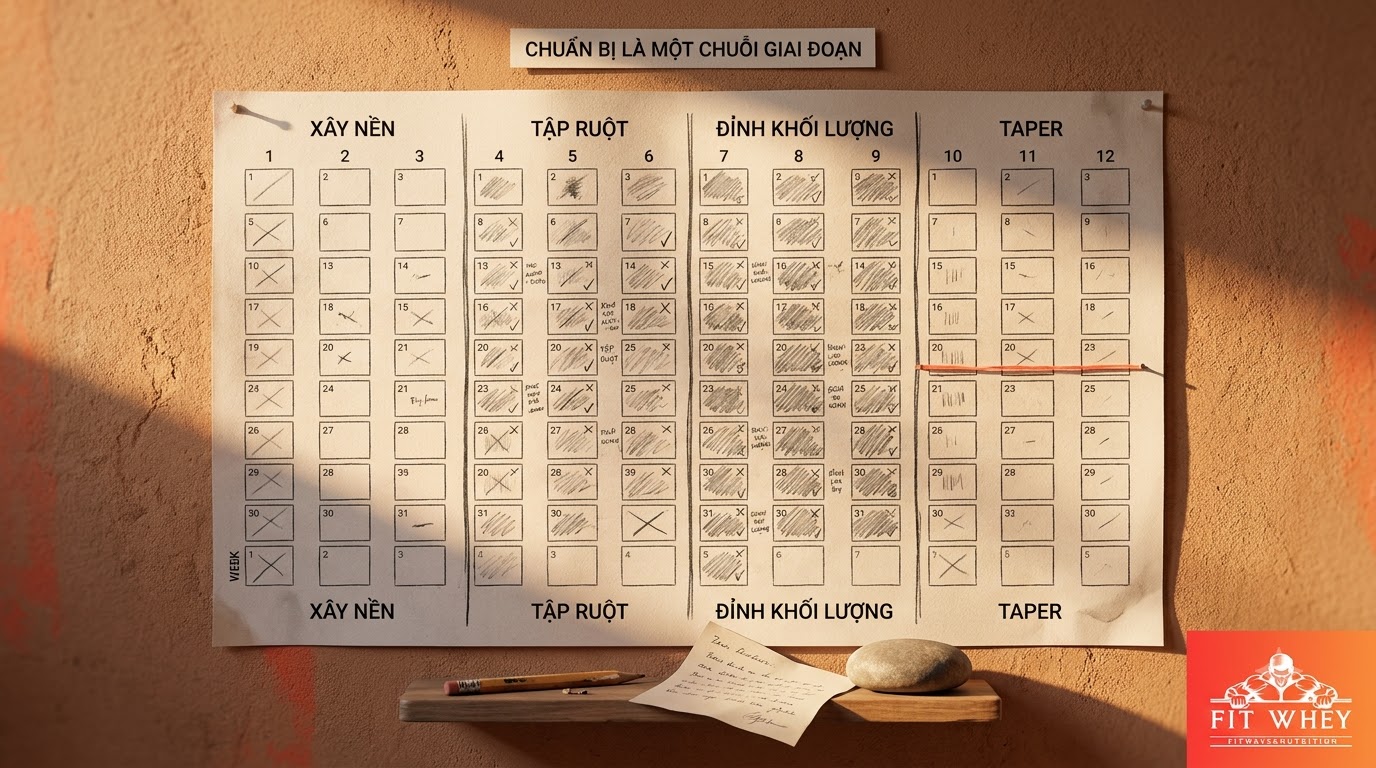Lịch 12 tuần kết hợp chạy dài, tập ruột và chiến lược nạp năng lượng