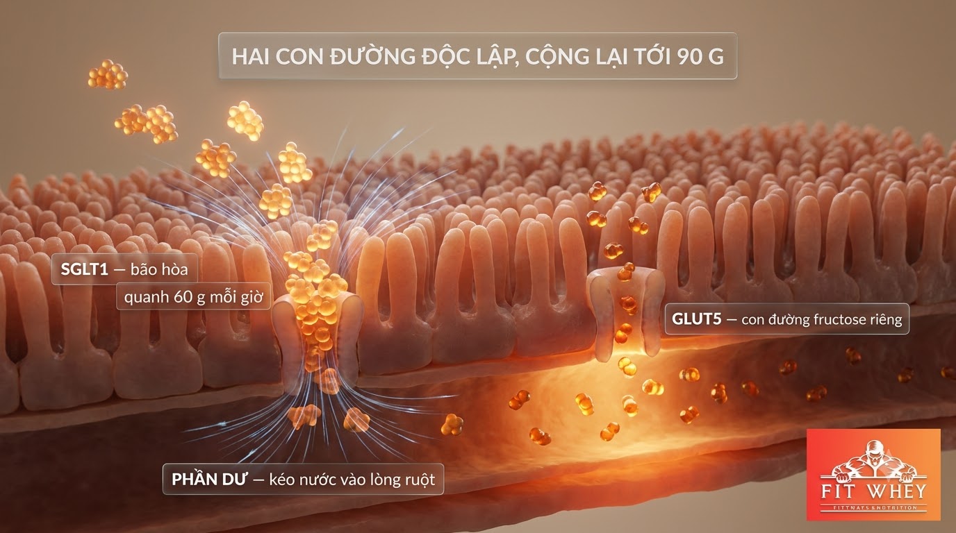 Sơ đồ hai chất vận chuyển glucose và fructose trong ruột