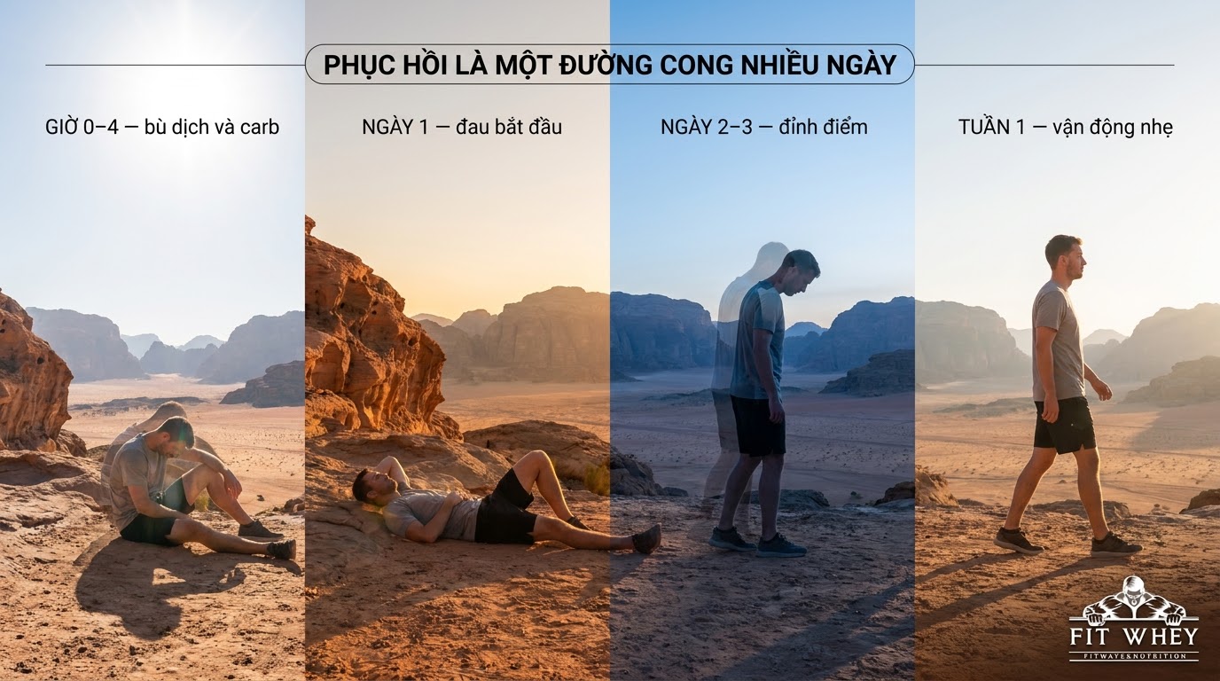 Nhân vật phục hồi trong cảnh quan khô hạn, minh họa 72 giờ đầu sau marathon