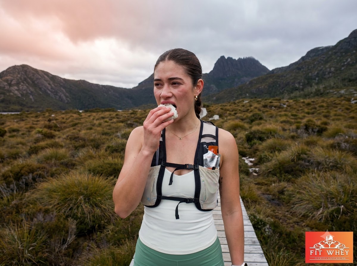 Nữ trail runner ăn cơm nắm ngoài trời trong buổi chạy đường dài