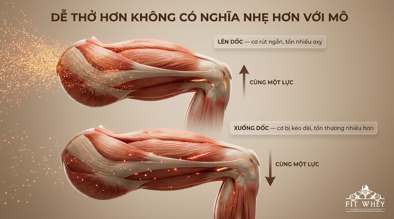 Sơ đồ so sánh hoạt động cơ tứ đầu khi chạy lên dốc và xuống dốc