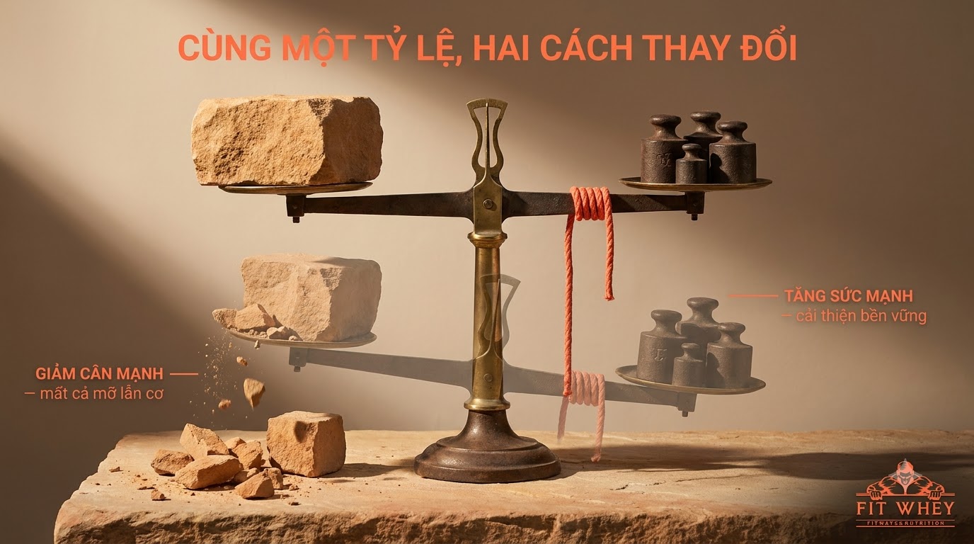 Cân thăng bằng với quả tạ, minh họa tỷ lệ sức mạnh trên cân nặng