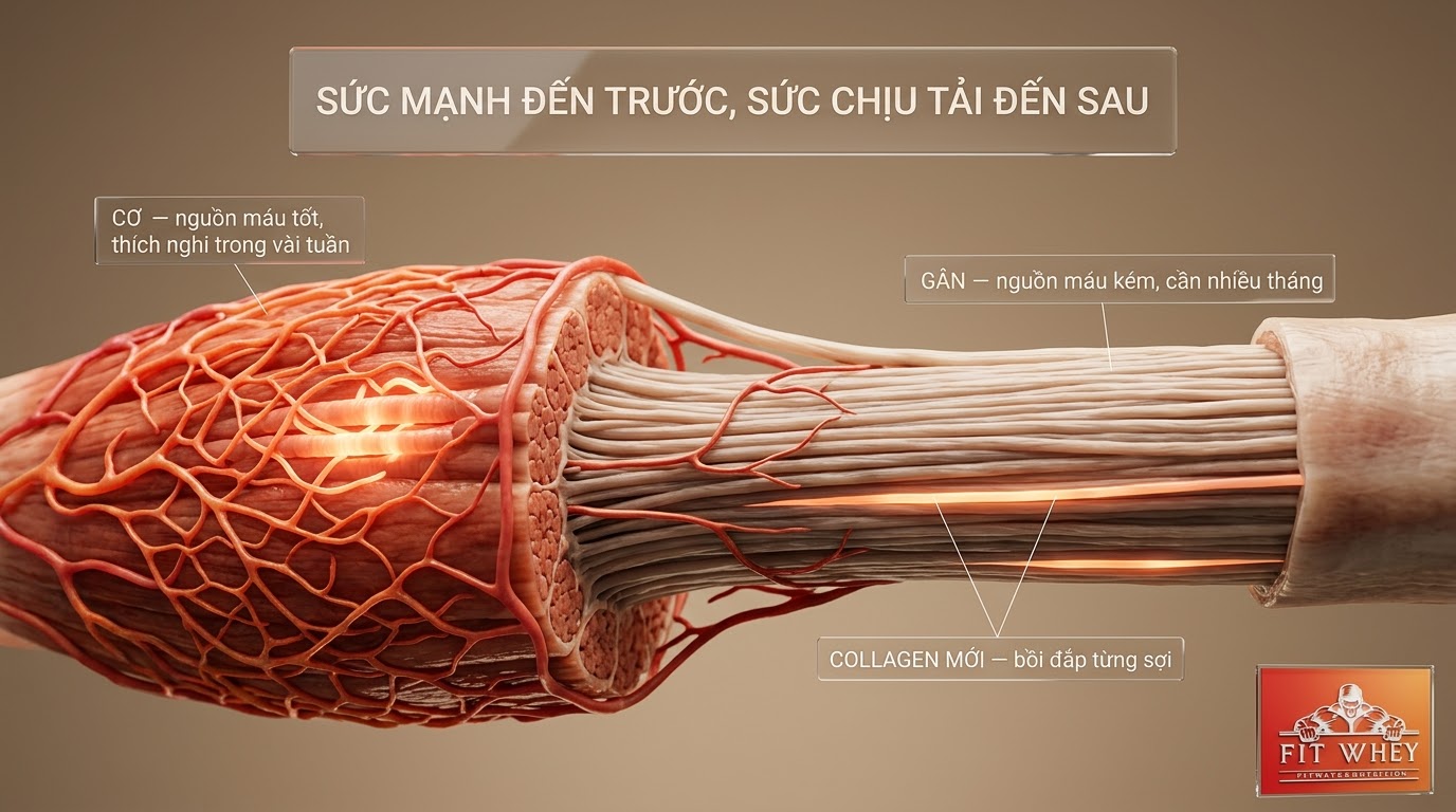 Sơ đồ so sánh tái tạo cơ và thích nghi mô gân khi leo núi
