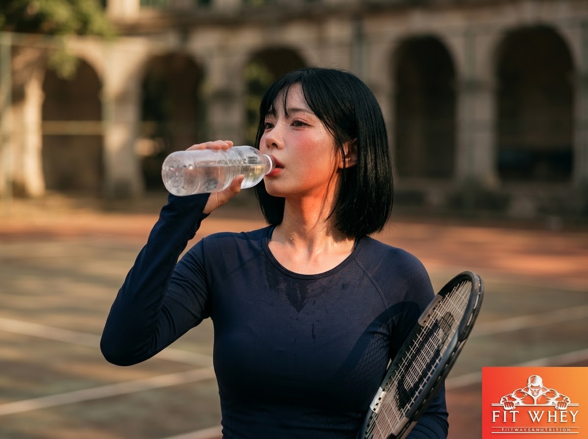 Nữ vận động viên uống nước giữa buổi tập cầu lông